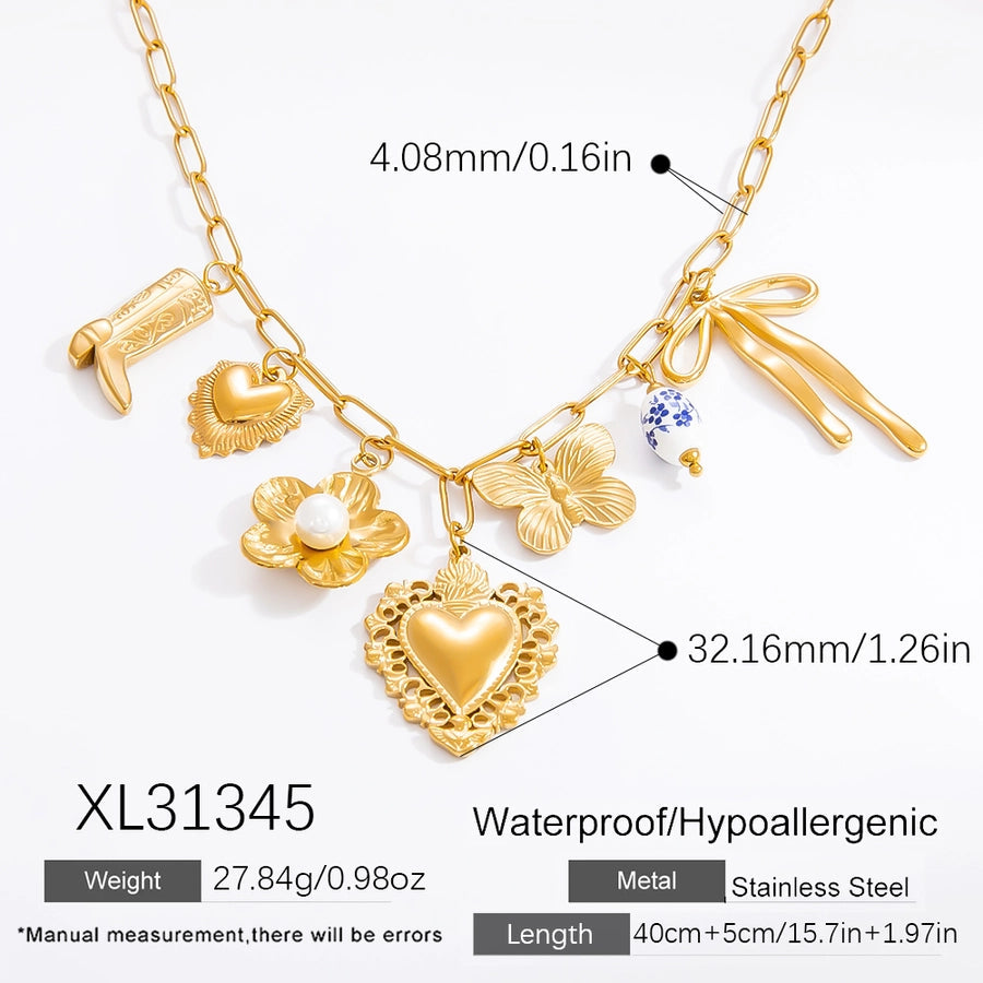 Jewelry Elegant Classic Style Heart Shape Flower 304 Stainless Steel Plating Multi Charms Necklace