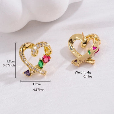 1 Pair Romantic Shiny Heart Shape Inlay Copper Zircon 18K Gold Plated Ear Studs