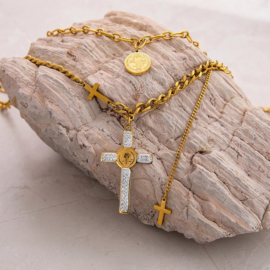 Jewelry Vintage Style Cross 304 Stainless Steel Plating Double Layer Necklaces
