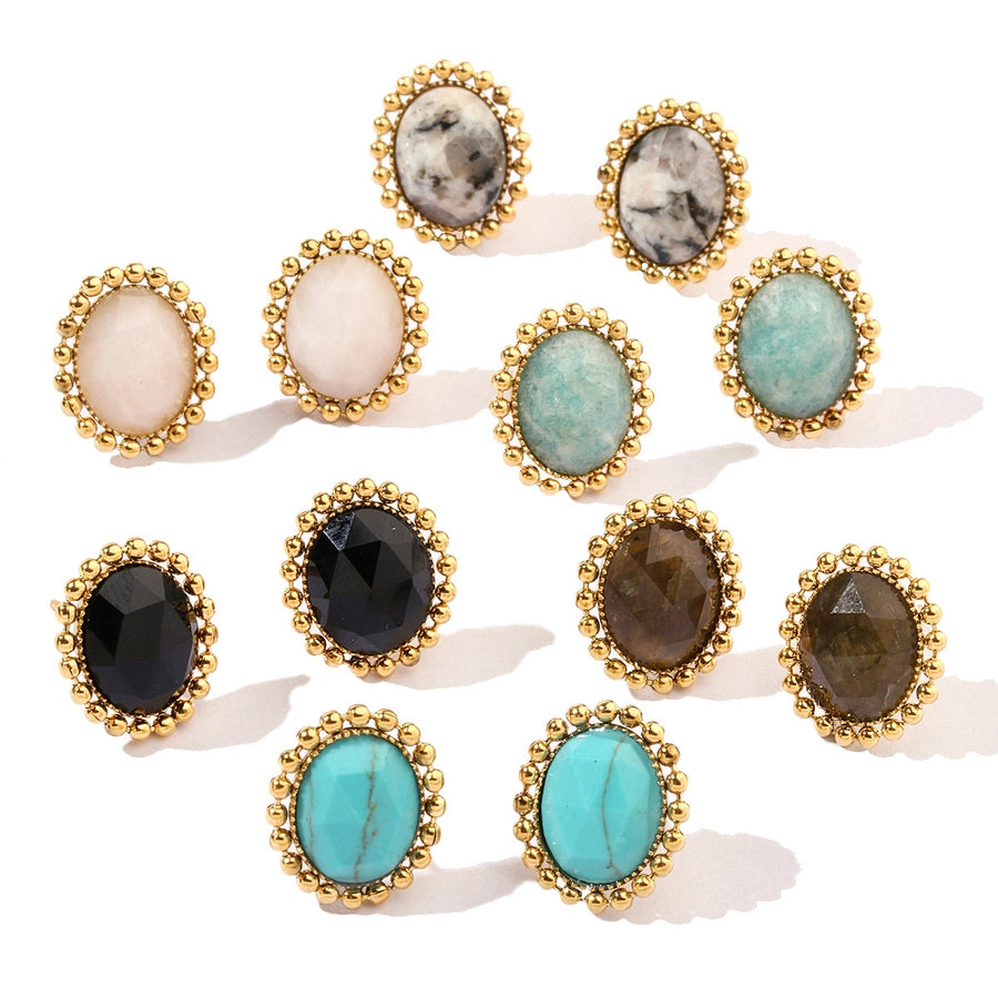 One Pack and Two Pairs Retro French Style Geometric Plating Titanium Steel Natural Stone 14K Gold Plated Ear Studs