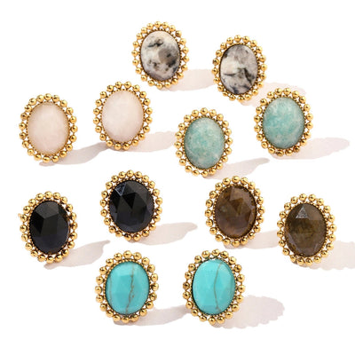 One Pack and Two Pairs Retro French Style Geometric Plating Titanium Steel Natural Stone 14K Gold Plated Ear Studs