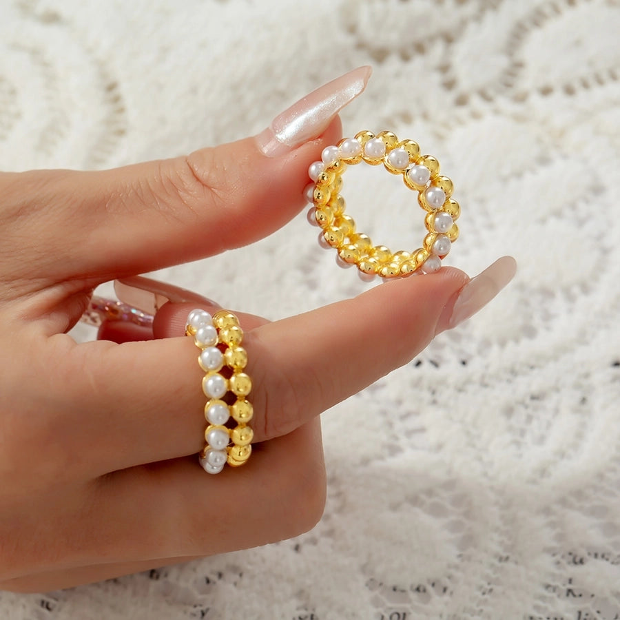 Jewelry Elegant Round 304 Stainless Steel Artificial Pearls 18K Gold Plated Plating Inlay Rings Necklace