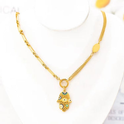 Titanium Steel Palm Eye Drop Oil 18K Gold Plated Bohemian Style Personality Fashion Vintage Necklace Bracelet Earring Set