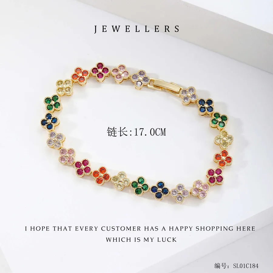 Wholesale Jewelry Elegant Classic Style Leaf Four Leaf Clover Copper Zircon Plating Bracelets Tennis Chain