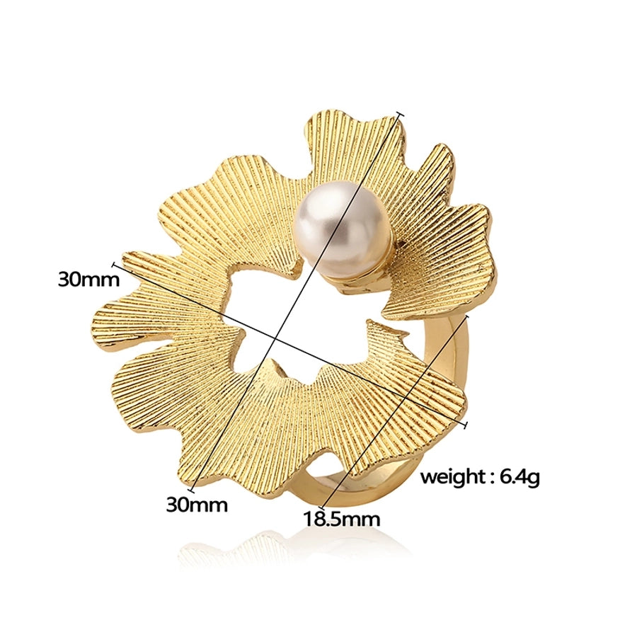 French Retro Copper Plating 18K Gold Inlaid Pearl Jasmine Flower Rings Ear Studs Special-Interest Design Striped Wing-Shaped Earrings