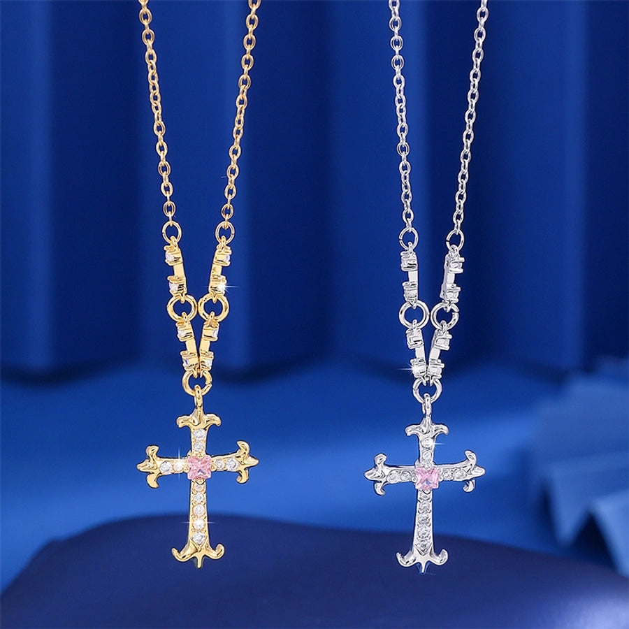 Jewelry Hip-Hop Vintage Style Rock Cross Copper Zircon Imitation Gold  Pendant Necklace