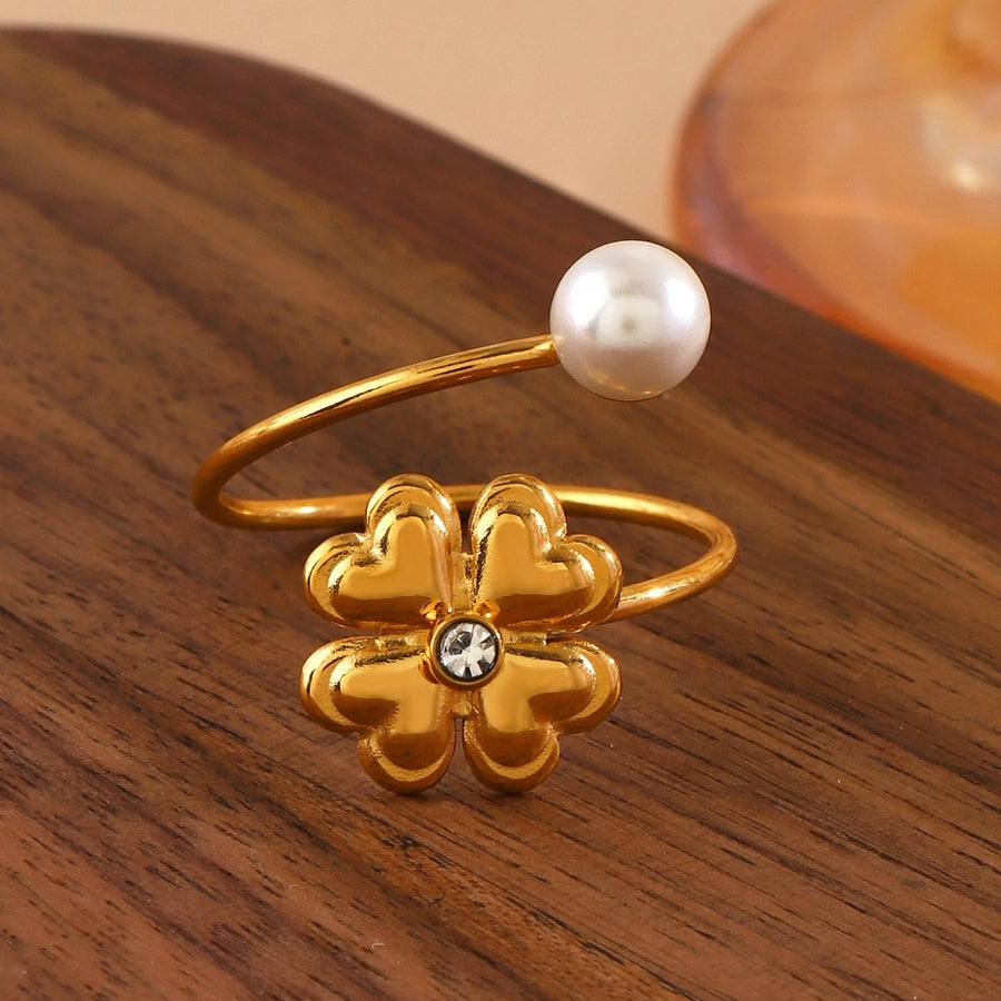Jewelry IG Style Sweet Four Leaf Clover 304 Stainless Steel Pearl Zircon Inlay Open Rings