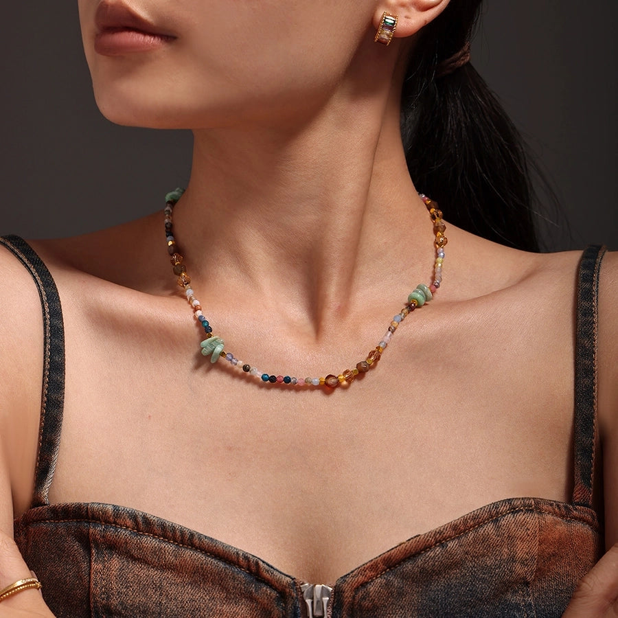 Sweet Cool Style Geometric 304 Stainless Steel Artificial Crystal natural stone 18K Gold Plated Beaded Chain Necklace In Bulk