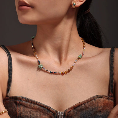 Sweet Cool Style Geometric 304 Stainless Steel Artificial Crystal natural stone 18K Gold Plated Beaded Chain Necklace In Bulk