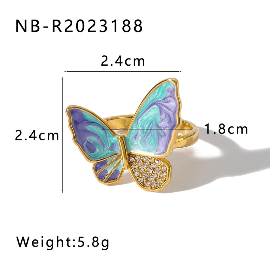 Jewelry IG Style Simple Style Butterfly 304 Stainless Steel Zircon 18K Gold Plated Enamel Inlay Rings