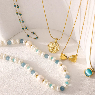 Jewelry Simple Style Bow Knot 304 Stainless Steel natural stone 18K Gold Plated Pendant Necklace