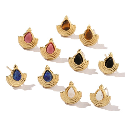 One Pack and Two Pairs Retro French Style Geometric Plating Titanium Steel Natural Stone 14K Gold Plated Ear Studs