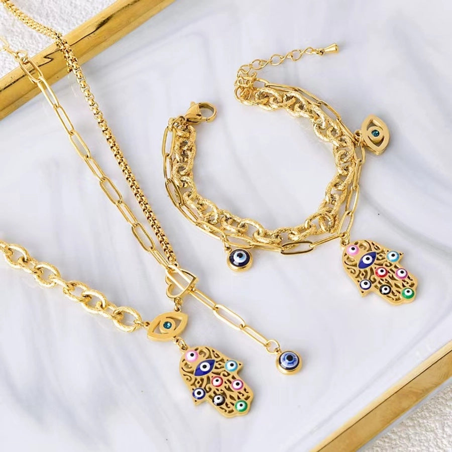 Titanium Steel Palm Eye Drop Oil 18K Gold Plated Bohemian Style Personality Fashion Vintage Necklace Bracelet Earring Set