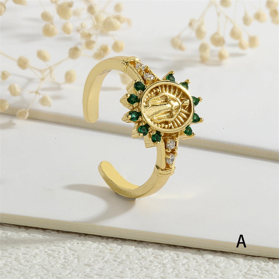 Copper Inlay Human Geometric Virgin Mary Zircon Open Rings