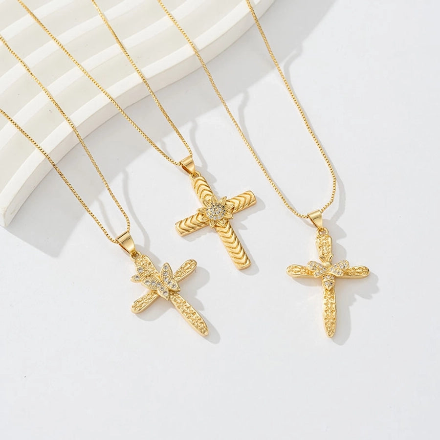 Copper box chain 18K Gold Plated Inlay Carving Cross Butterfly Zircon Pendant Necklace