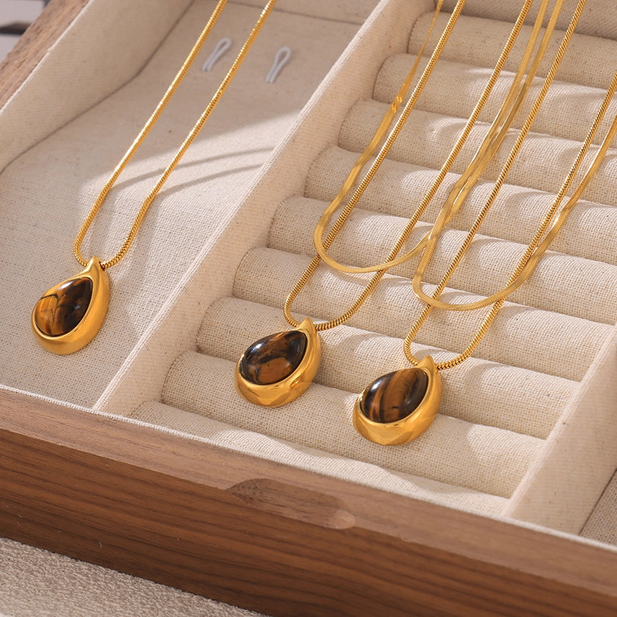 Jewelry Retro Classic Style Water Droplets 304 Stainless Steel Tiger Eye 18K Gold Plated Plating Inlay Pendant Necklace Necklace