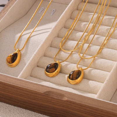 Jewelry Retro Classic Style Water Droplets 304 Stainless Steel Tiger Eye 18K Gold Plated Plating Inlay Pendant Necklace Necklace