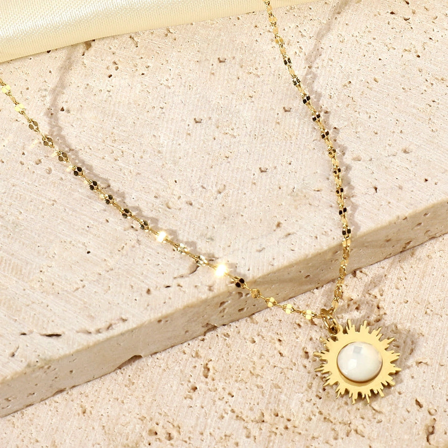 Jewelry Retro French Style Geometric Titanium Steel Natural Stone 14K Gold Plated Plating Pendant Necklace