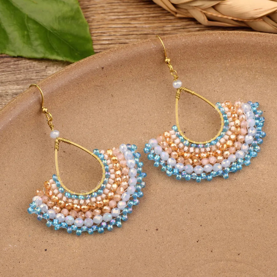 bohemian sector synthetic gemstones shell copper tassel mesh women's ear hook