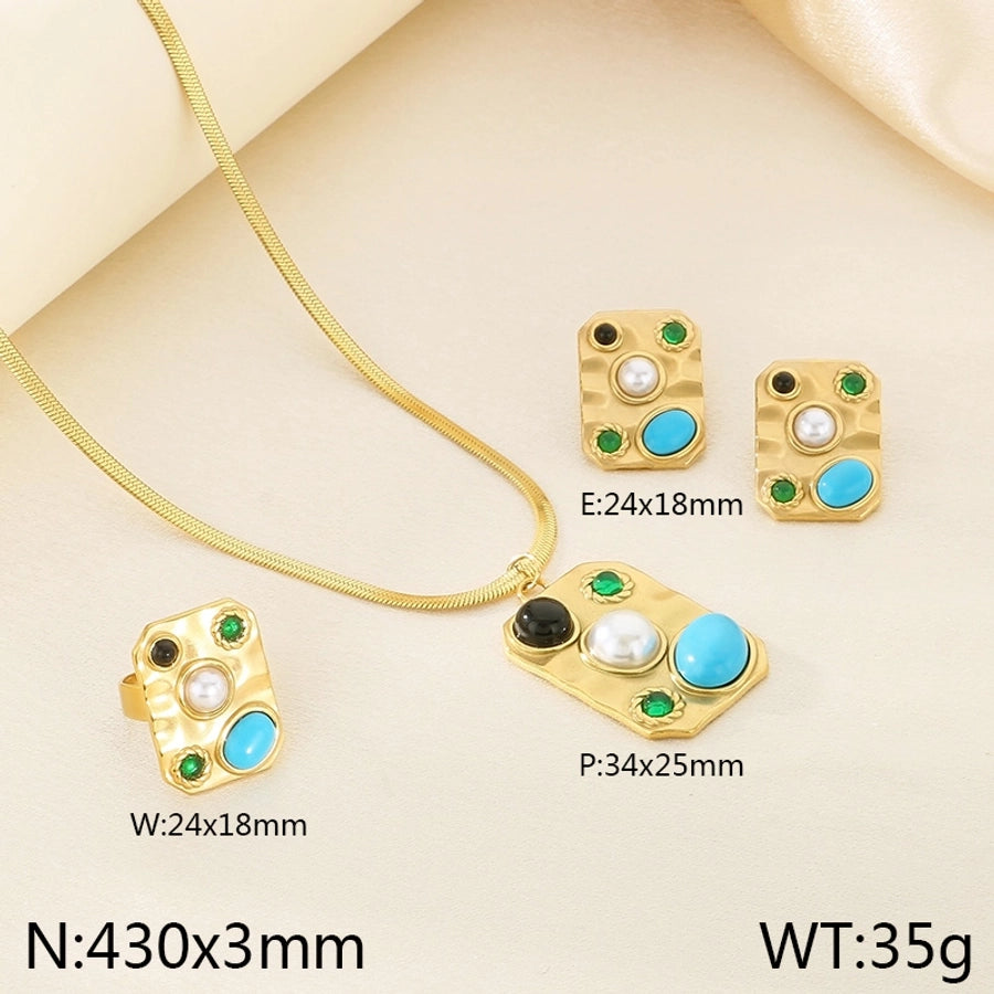 Jewelry Elegant Vintage Style Streetwear Square 304 Stainless Steel Artificial Gemstones Turquoise Pearl 18K Gold Plated Inlay Jewelry Set