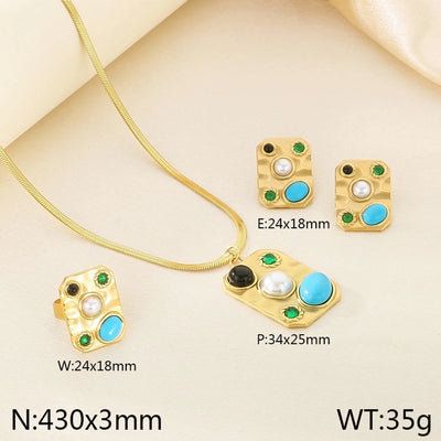 Jewelry Elegant Vintage Style Streetwear Square 304 Stainless Steel Artificial Gemstones Turquoise Pearl 18K Gold Plated Inlay Jewelry Set