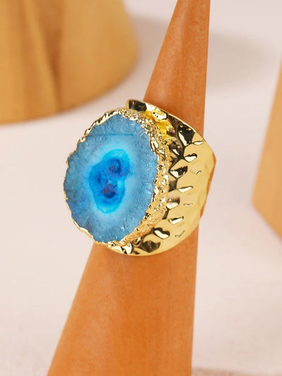 Natural Crystal Copper 14K Gold Plated Inlay Asymmetrical Irregular Crystal Open Rings