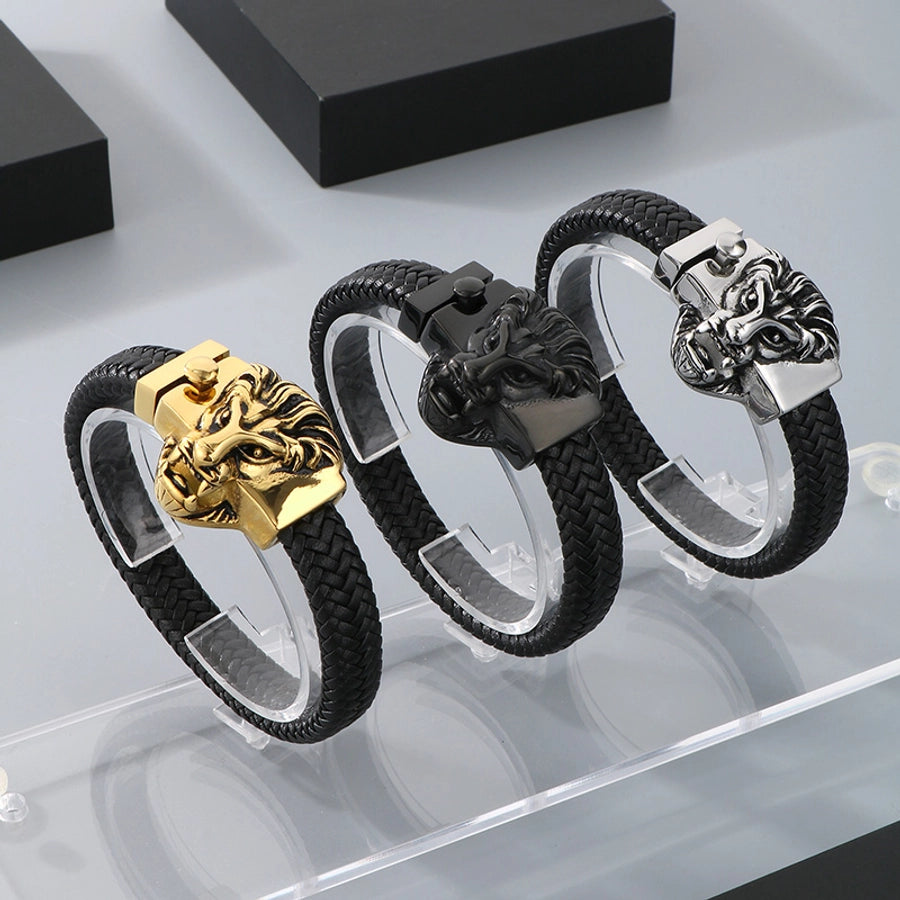 Business Lion's head Wolf Head Skull 304 Stainless Steel Leather 18K Gold Plated Men's Bracelets