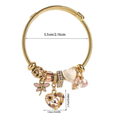 Simple Style Heart Shape Flower Dragonfly 304 Stainless Steel Zinc alloy Rhinestones Bangle In Bulk