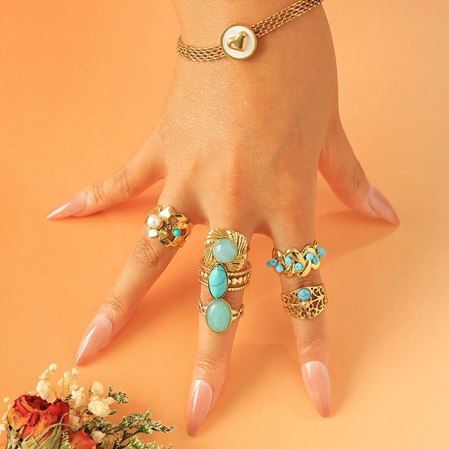 Jewelry Elegant Vintage Style Simple Style Oval 304 Stainless Steel Turquoise 14K Gold Plated Plating Hollow Out Stainless Steel Rings