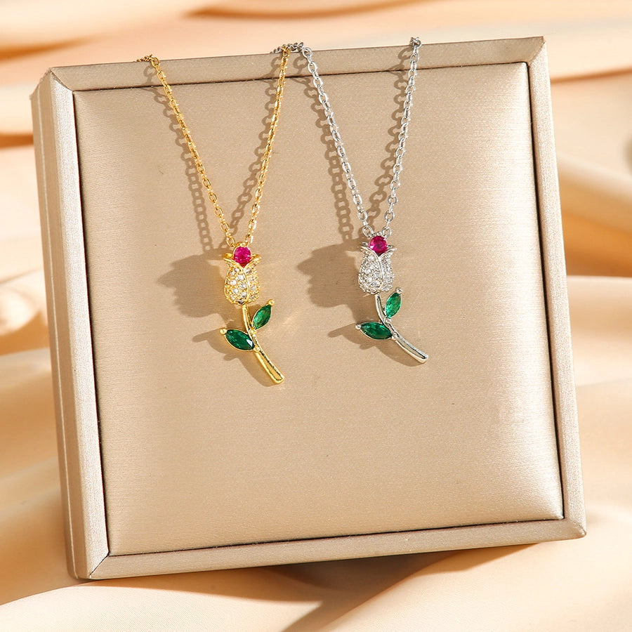 Jewelry Elegant Tulip Titanium Steel Zircon Plating Pendant Necklace