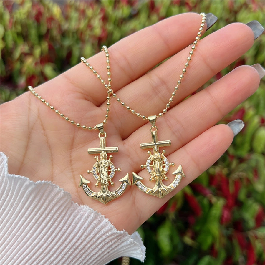 Copper 18K Gold Plated Inlay Anchor Zircon Pendant Necklace