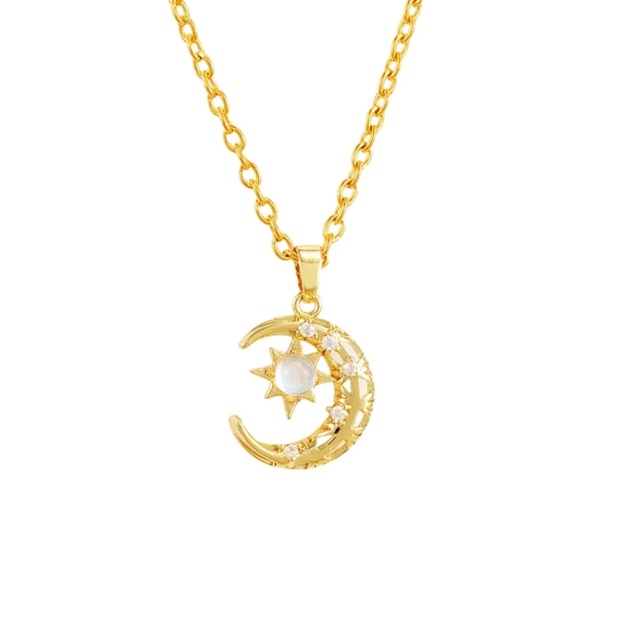201 Stainless Steel Copper Gold Plated Plating Inlay Moon Resin Zircon Pendant Necklace