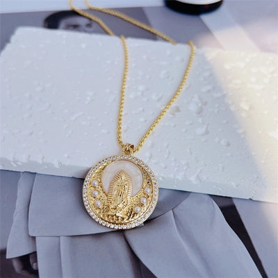 Copper 18K Gold Plated Enamel Inlay Round Virgin Mary Artificial Pearls Zircon Pendant Necklace