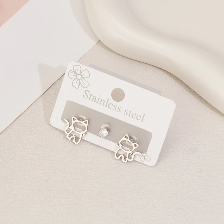 1 Set Halloween Cute Sweet Animal Cat Bat Polishing Inlay 304 Stainless Steel Zircon 18K Gold Plated Ear Studs