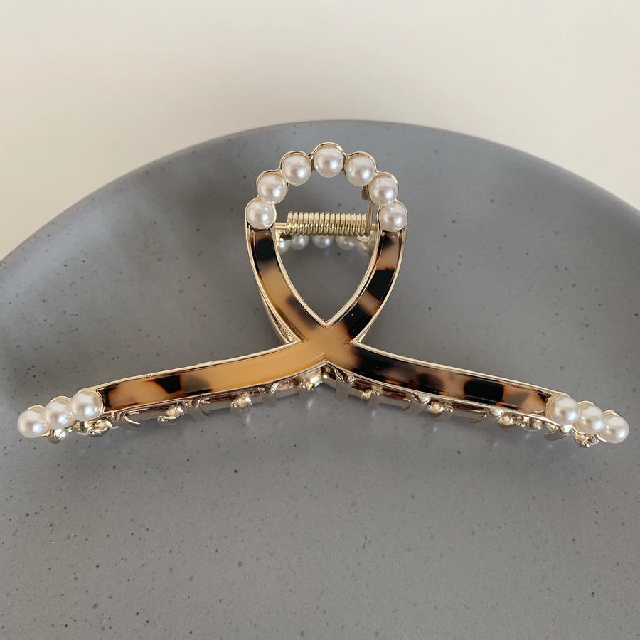 elegant geometric metal inlay artificial pearls hair claws