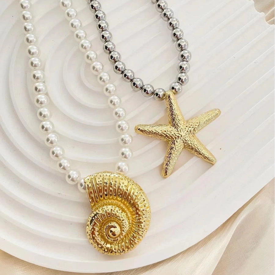 Marine Style Simple Style Starfish Conch Imitation Pearl Alloy  Pendant Necklace