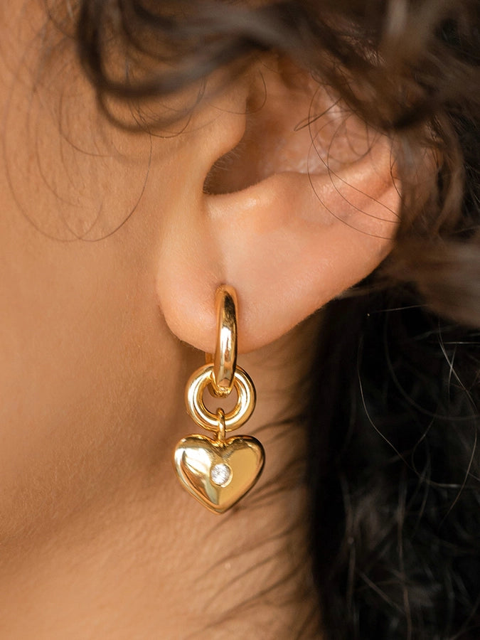 1 Pair IG Style Retro Heart Shape Inlay Copper Zircon 24K Gold Plated Huggie Earrings Drop Earrings