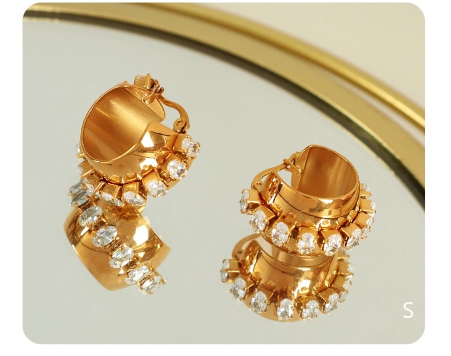 1 Pair Elegant Retro French Style C Shape Semicircle Polishing Plating Inlay 304 Stainless Steel Zircon 18K Gold Plated Earrings