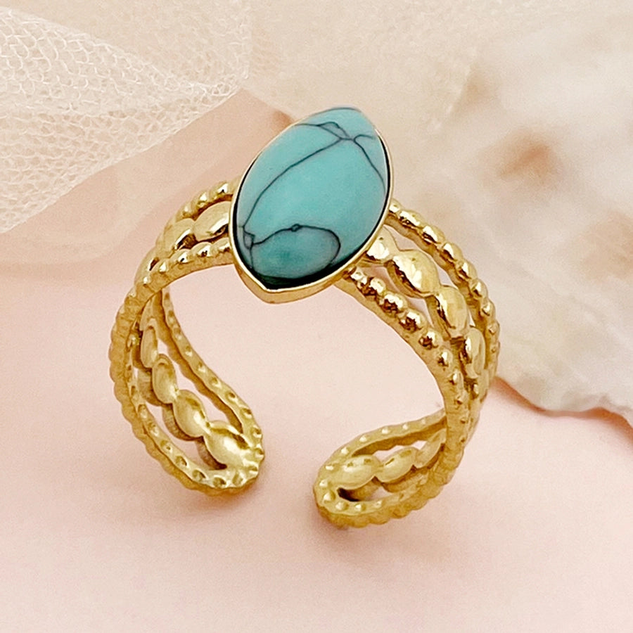 Jewelry Hip-Hop Streetwear Oval 304 Stainless Steel Natural Stone 14K Gold Plated Plating Inlay Open Rings