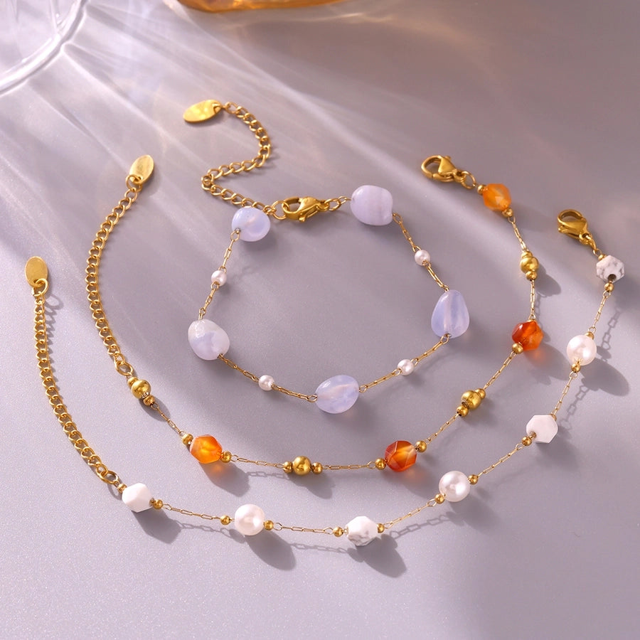 Europe and America  Natural Stone Imitation Pearl Clavicle Necklace Temperamental Bracelet  Style Niche Stainless Steel Jewelry Set