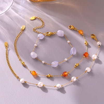 Europe and America  Natural Stone Imitation Pearl Clavicle Necklace Temperamental Bracelet  Style Niche Stainless Steel Jewelry Set