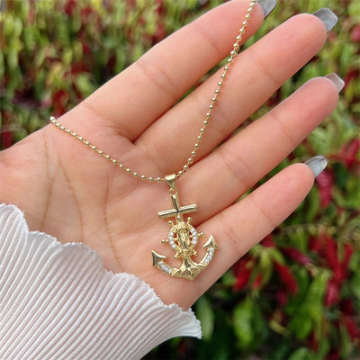 Copper 18K Gold Plated Inlay Anchor Zircon Pendant Necklace