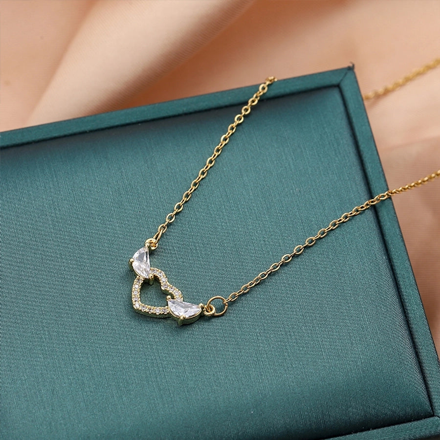 Jewelry IG Style Simple Style Heart Shape 316 Stainless Steel  Copper Zircon 18K Gold Plated Hollow Out Inlay Necklace