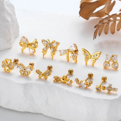 1 Piece IG Style Simple Style Korean Style Heart Shape Butterfly Bow Knot Inlay 316 Stainless Steel  Copper Zircon Ear Studs