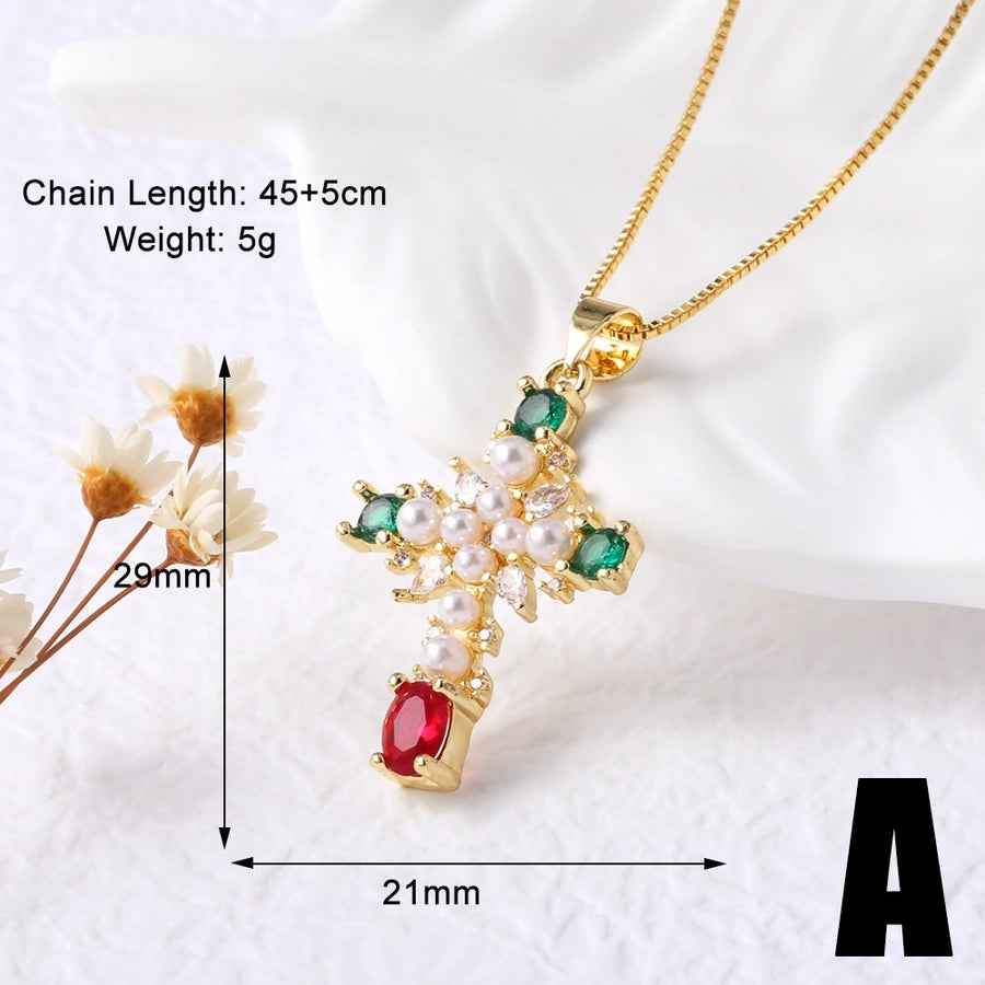 Jewelry Modern Style Simple Style Cross 201 Stainless Steel Copper Pearl Zircon 18K Gold Plated Inlay Pendant Necklace