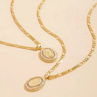 Jewelry Classical Religion Classic Style Human Round Copper Zircon 18K Gold Plated Inlay Pendant Necklace