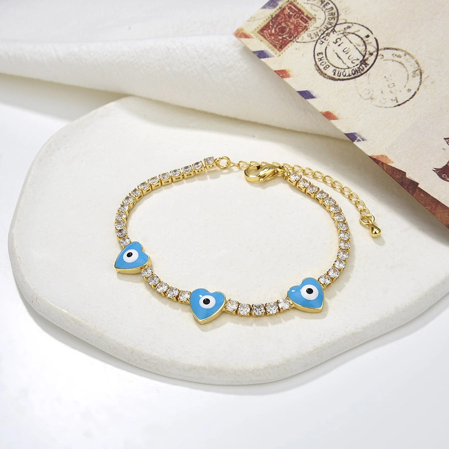 Copper Plating 18K Color Retention Zircon Drop Oil Heart Shape Eye Bracelet