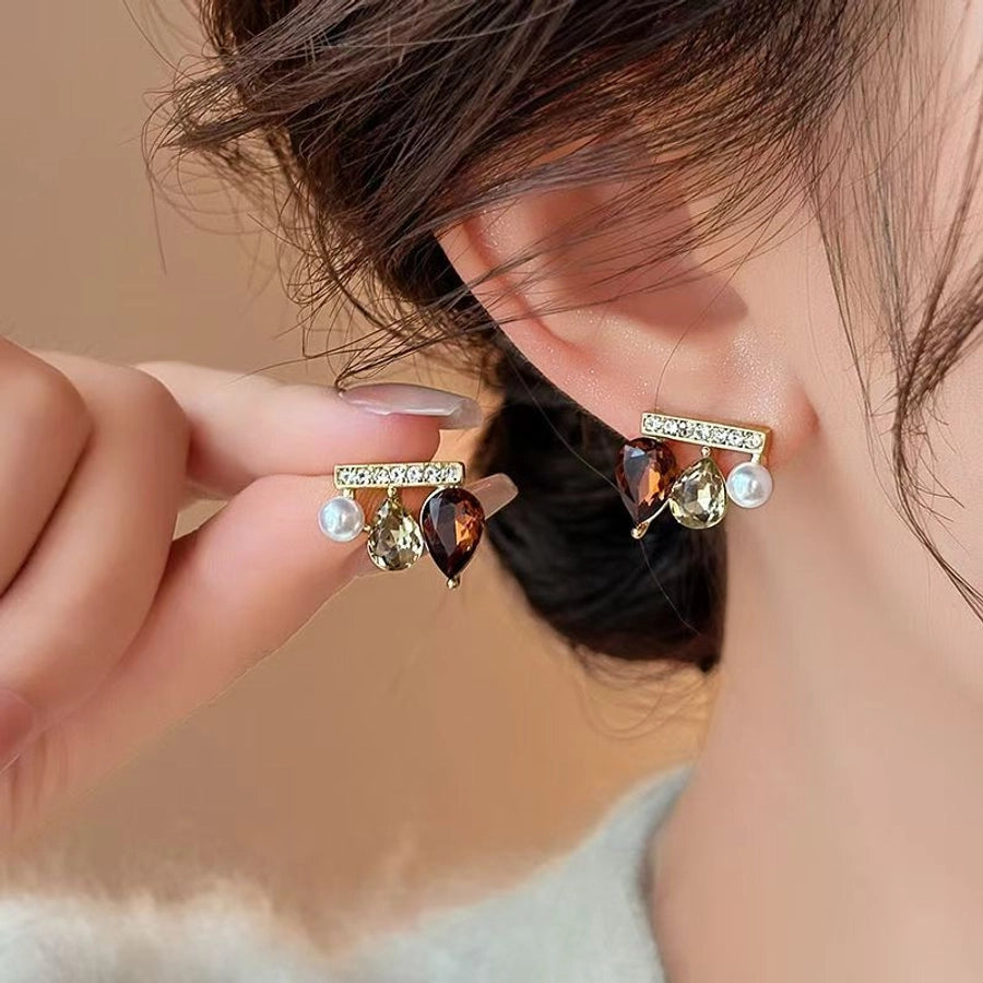 1 Pair Elegant Water Droplets Copper Artificial Gemstones Ear Studs