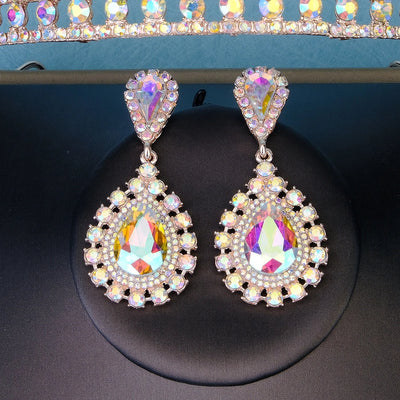 retro water droplets alloy hollow out inlay rhinestones crown earrings