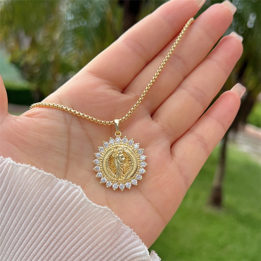 Multi-Style Copper Plating 18K Gold Inlaid Zircon Artificial Pearl Drop Oil Saint Jude round Pendant Necklace Fashion Noble Suitable for Mother's Day Valentine's Day Gift